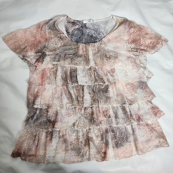 CJ Banks Lace Top Layered Paisley Print Pale Pink and Gray Plus Size 1X - Picture 11 of 11